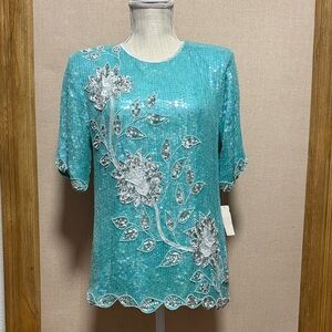 Vintage Royal Feelings Sequin Top Womens turquoise Beaded 80's 100% Silk M